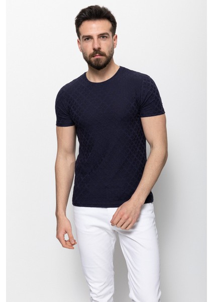 Desenli Lacivert Renk Slim Fit Bisiklet Yaka Erkek T-shirt