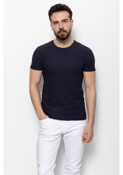 Desenli Lacivert Renk Slim Fit Bisiklet Yaka Erkek T-shirt modelleri