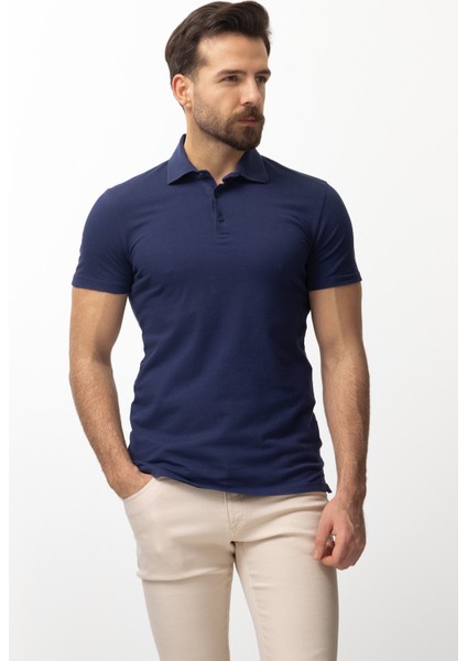 Duz Lacivert Renk Slim Fit Polo Yaka Erkek T-shirt
