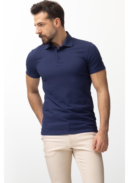 Duz Lacivert Renk Slim Fit Polo Yaka Erkek T-shirt fırsatları