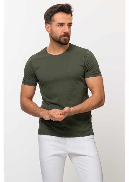 Duz Haki Rengi Slim Fit Bisiklet Yaka Basıc Erkek T-Shirt