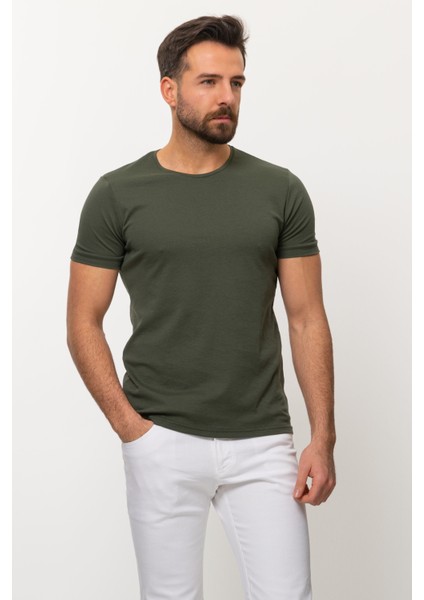 Duz Haki Rengi Slim Fit Bisiklet Yaka Basıc Erkek T-Shirt modelleri