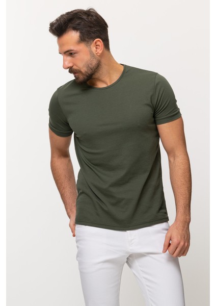 Duz Haki Rengi Slim Fit Bisiklet Yaka Basıc Erkek T-Shirt fırsatları