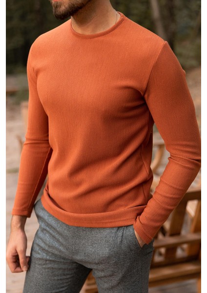 Kiremit Rengi Slim Fit Uzun Kollu Bisiklet Yaka Erkek T-shirt