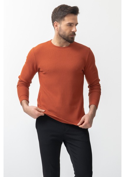 Kiremit Rengi Slim Fit Uzun Kollu Bisiklet Yaka Erkek T-shirt modelleri