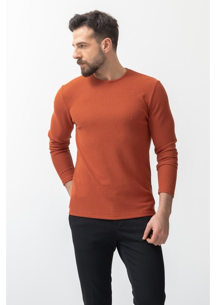 Kiremit Rengi Slim Fit Uzun Kollu Bisiklet Yaka Erkek T-shirt fırsatları