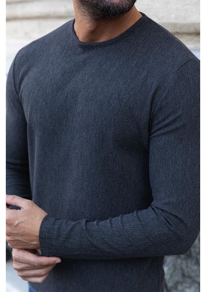 Antrasit Rengi Slim Fit Uzun Kollu Bisiklet Yaka Erkek T-shirt