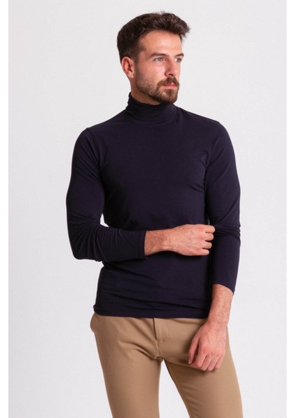 Düz Lacivert Renk Slim Fit Uzun Kollu Tam Balıkçı Yaka Erkek Penye fırsatları