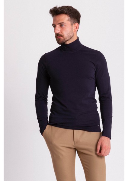 Düz Lacivert Renk Slim Fit Uzun Kollu Tam Balıkçı Yaka Erkek Penye indirimleri