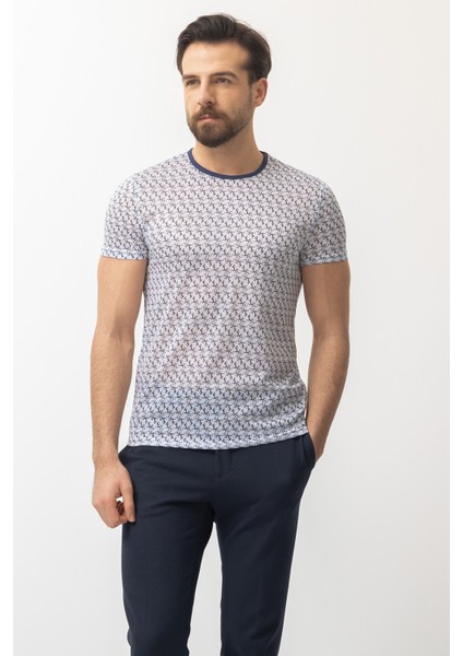 Desenli Lacivert Renk Slim Fit Bisiklet Yaka Erkek T-shirt