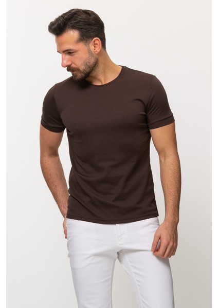 Duz Kahverengi Slim Fit Bisiklet Yaka Basıc Erkek T-shirt
