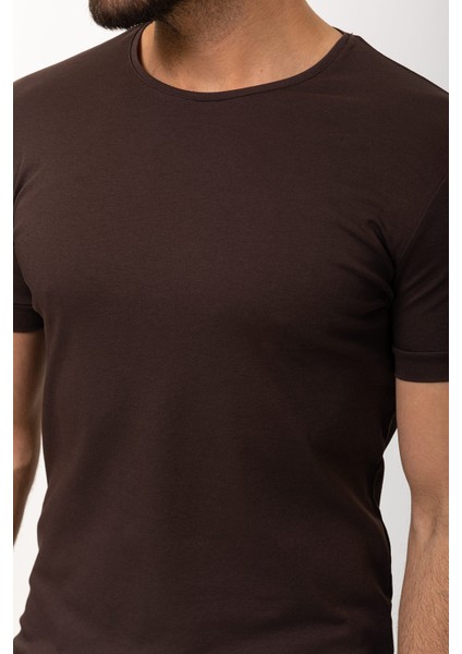 Duz Kahverengi Slim Fit Bisiklet Yaka Basıc Erkek T-shirt fiyatları