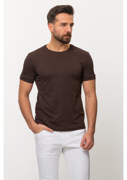Duz Kahverengi Slim Fit Bisiklet Yaka Basıc Erkek T-shirt modelleri