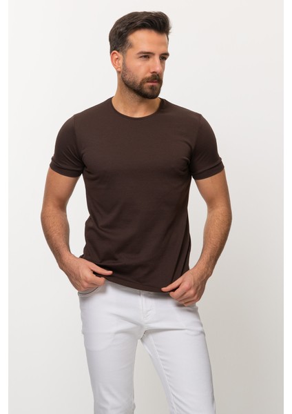 Duz Kahverengi Slim Fit Bisiklet Yaka Basıc Erkek T-shirt fırsatları