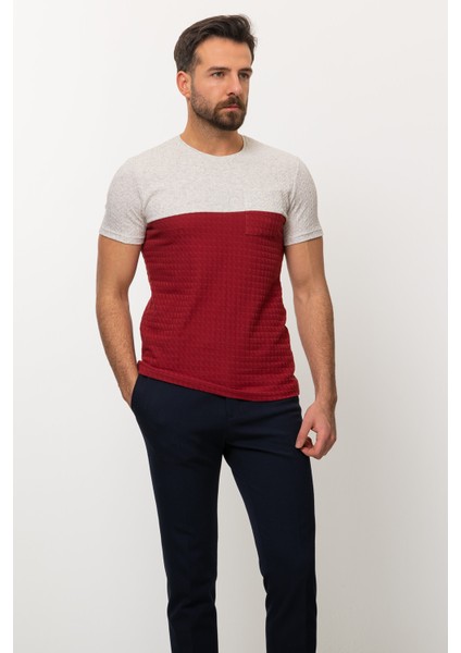 Parca Desenli Bordo Renk Slim Fit Bisiklet Yaka Erkek T-shirt