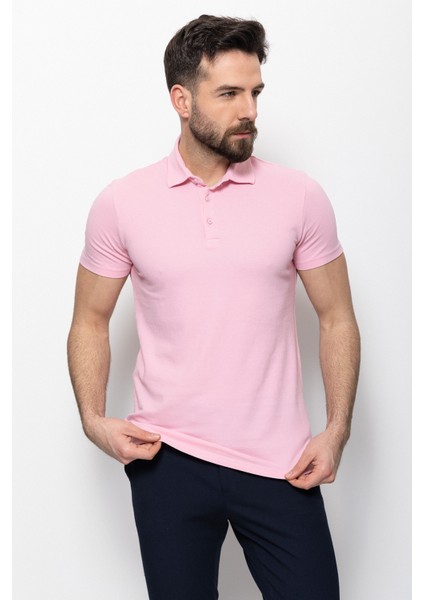 Duz Pembe Renk Slim Fit Polo Yaka Erkek T-shirt