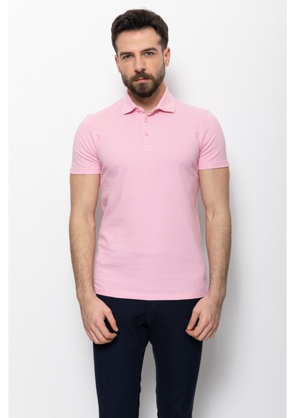 Duz Pembe Renk Slim Fit Polo Yaka Erkek T-shirt modelleri