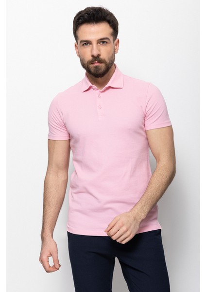 Duz Pembe Renk Slim Fit Polo Yaka Erkek T-shirt fırsatları
