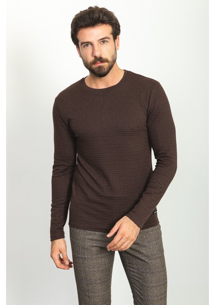 Desenli Kahverengi Slim Fit Bisiklet Yaka Uzun Kollu Erkek T-Shirt