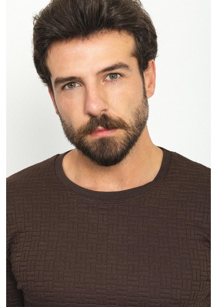 Desenli Kahverengi Slim Fit Bisiklet Yaka Uzun Kollu Erkek T-Shirt fiyatları