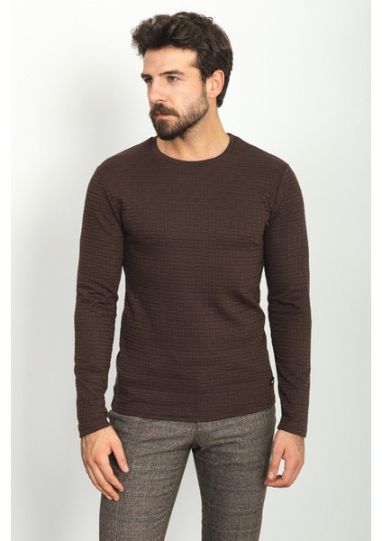 Desenli Kahverengi Slim Fit Bisiklet Yaka Uzun Kollu Erkek T-Shirt modelleri