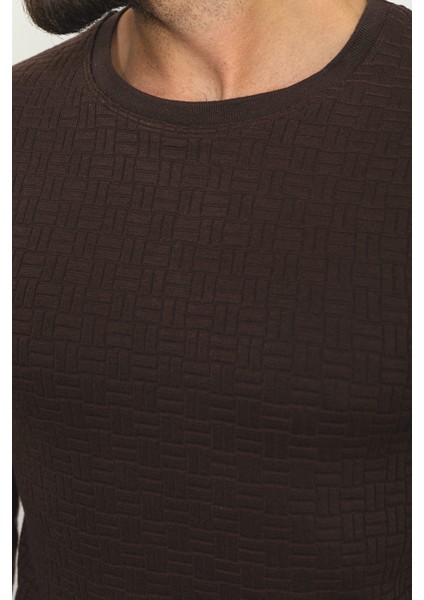 Desenli Kahverengi Slim Fit Bisiklet Yaka Uzun Kollu Erkek T-Shirt fırsatları