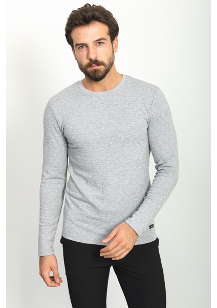 Desenli Gri Renk Slim Fit Bisiklet Yaka Uzun Kollu Erkek T-Shirt