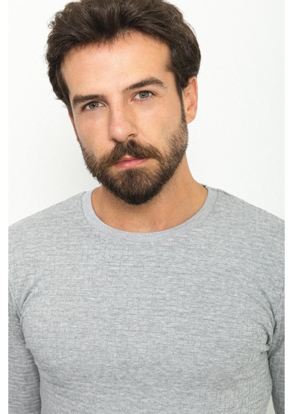 Desenli Gri Renk Slim Fit Bisiklet Yaka Uzun Kollu Erkek T-Shirt fiyatları