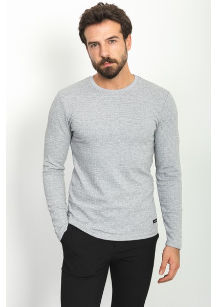 Desenli Gri Renk Slim Fit Bisiklet Yaka Uzun Kollu Erkek T-Shirt modelleri