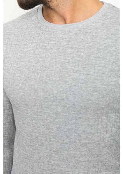 Desenli Gri Renk Slim Fit Bisiklet Yaka Uzun Kollu Erkek T-Shirt fırsatları