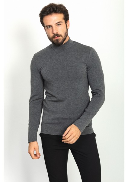 Düz Antrasit Rengi Slim Fit Yarım Balıkçı Yaka Uzun Kollu Erkek T-Shirt modelleri