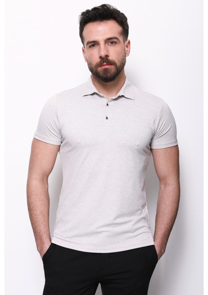 Desenli Gri Renk Slim Fit Polo Yaka Erkek T-shirt