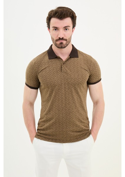 Desenli Kamel Rengi Slim Fit Polo Yaka Erkek T-Shirt