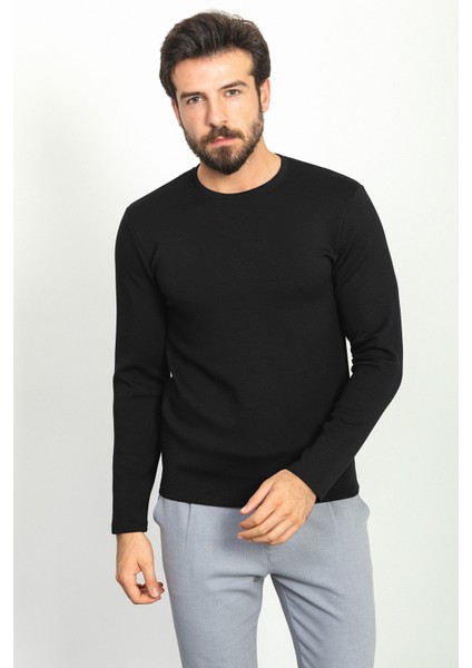 Düz Siyah Renk Slim Fit Bisiklet Yaka Uzun Kollu Basic Erkek T-Shirt