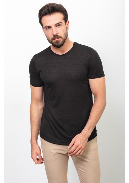 Düz Siyah Renk Slim Fit Bisiklet Yaka Basic Erkek T-Shirt