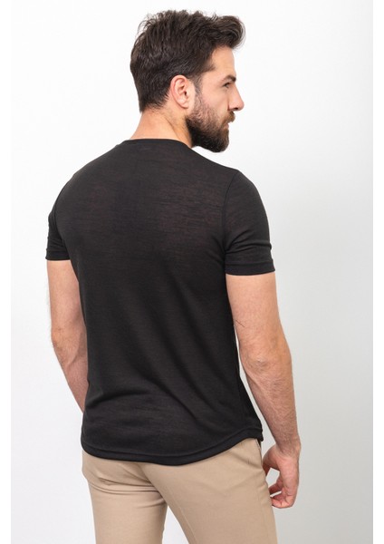 Düz Siyah Renk Slim Fit Bisiklet Yaka Basic Erkek T-Shirt