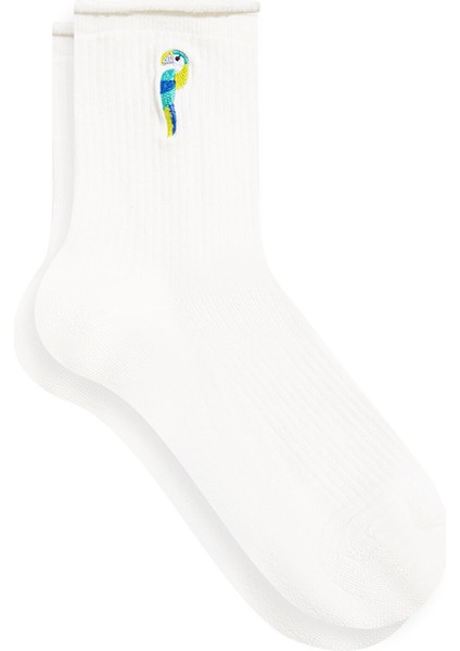 Kuş İşlemeli Beyaz Soket Çorap 1912432-34523