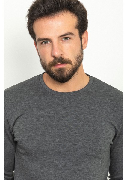 Düz Antrasit Rengi Slim Fit Bisiklet Yaka Uzun Kollu Basic Erkek T-Shirt fiyatları