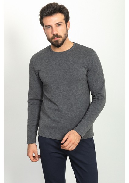 Düz Antrasit Rengi Slim Fit Bisiklet Yaka Uzun Kollu Basic Erkek T-Shirt modelleri