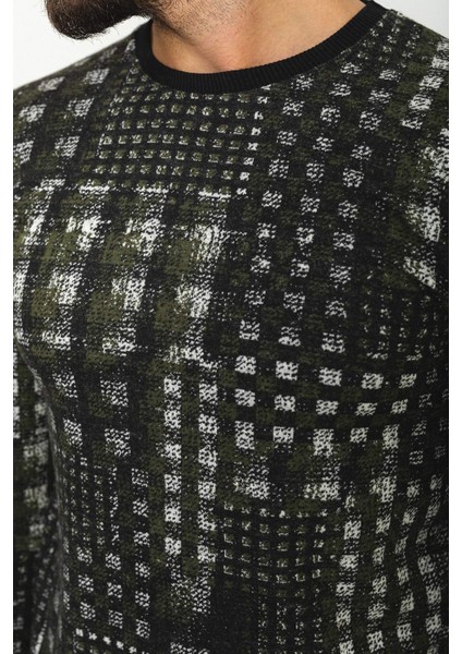 Desenli Haki Rengi Slim Fit Bisiklet Yaka Uzun Kollu Erkek T-Shirt fiyatları