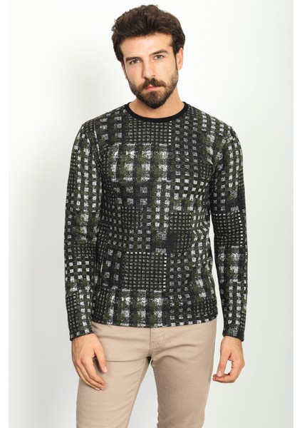 Desenli Haki Rengi Slim Fit Bisiklet Yaka Uzun Kollu Erkek T-Shirt modelleri