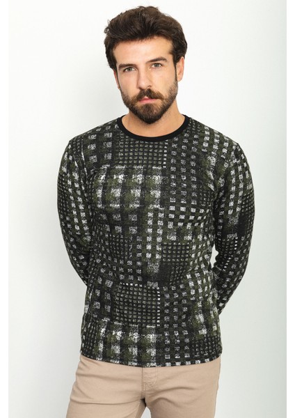 Desenli Haki Rengi Slim Fit Bisiklet Yaka Uzun Kollu Erkek T-Shirt fırsatları