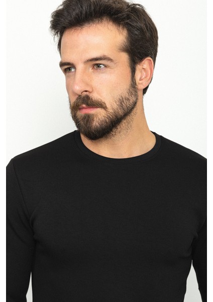 Düz Siyah Renk Slim Fit Bisiklet Yaka Uzun Kollu Basic Erkek T-Shirt fiyatları
