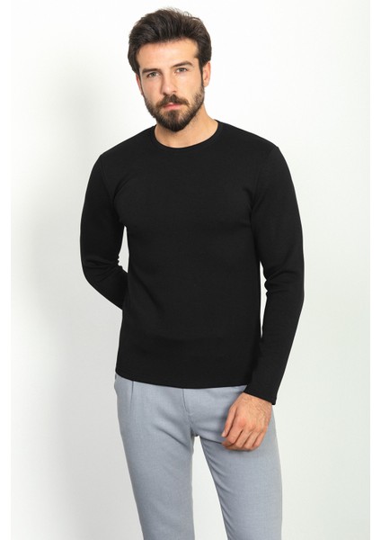 Düz Siyah Renk Slim Fit Bisiklet Yaka Uzun Kollu Basic Erkek T-Shirt modelleri