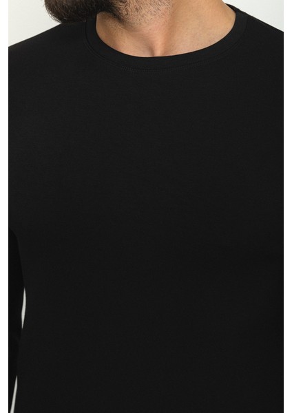 Düz Siyah Renk Slim Fit Bisiklet Yaka Uzun Kollu Basic Erkek T-Shirt fırsatları