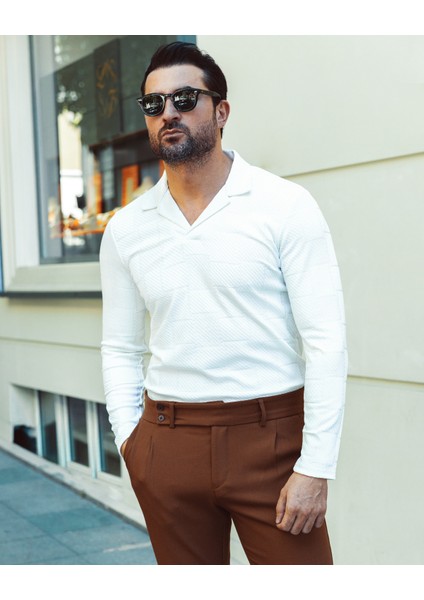 Desenli Beyaz Renk Slim Fit Apaç Yaka Uzun Kollu Erkek T-Shirt