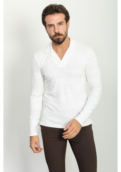 Desenli Beyaz Renk Slim Fit Apaç Yaka Uzun Kollu Erkek T-Shirt fiyatları