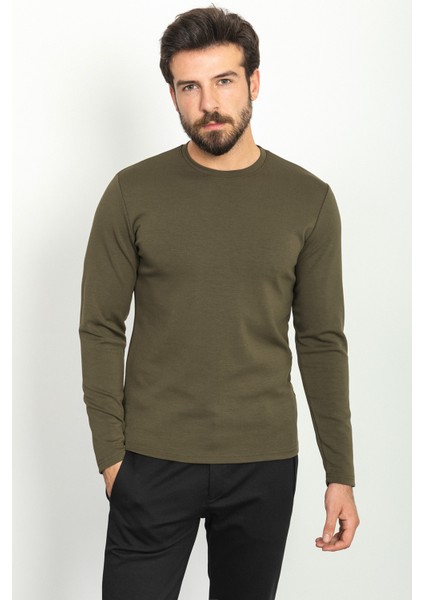 Düz Haki Rengi Slim Fit Bisiklet Yaka Uzun Kollu Basic Erkek T-Shirt