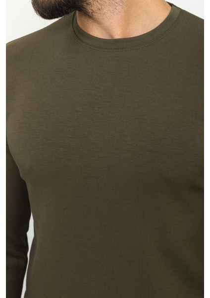 Düz Haki Rengi Slim Fit Bisiklet Yaka Uzun Kollu Basic Erkek T-Shirt fiyatları