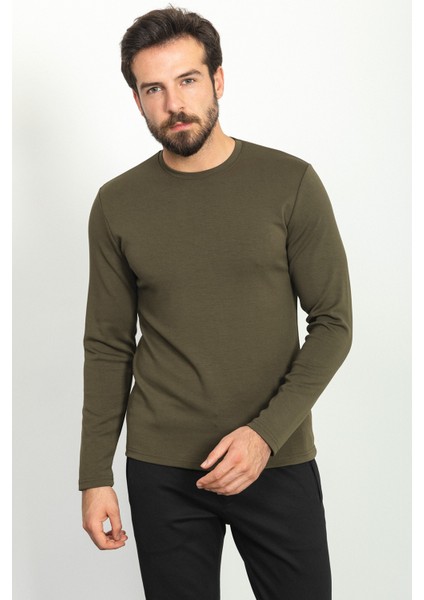 Düz Haki Rengi Slim Fit Bisiklet Yaka Uzun Kollu Basic Erkek T-Shirt modelleri
